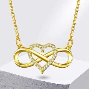 NEW Infinity Heart Pendant Necklace CZ Pave 14K Yellow Gold Plated Thin Chain